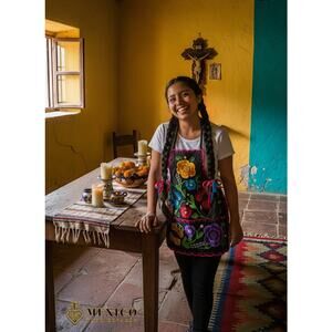Mexican flowered embroidered apron  28 x 21 inches approx